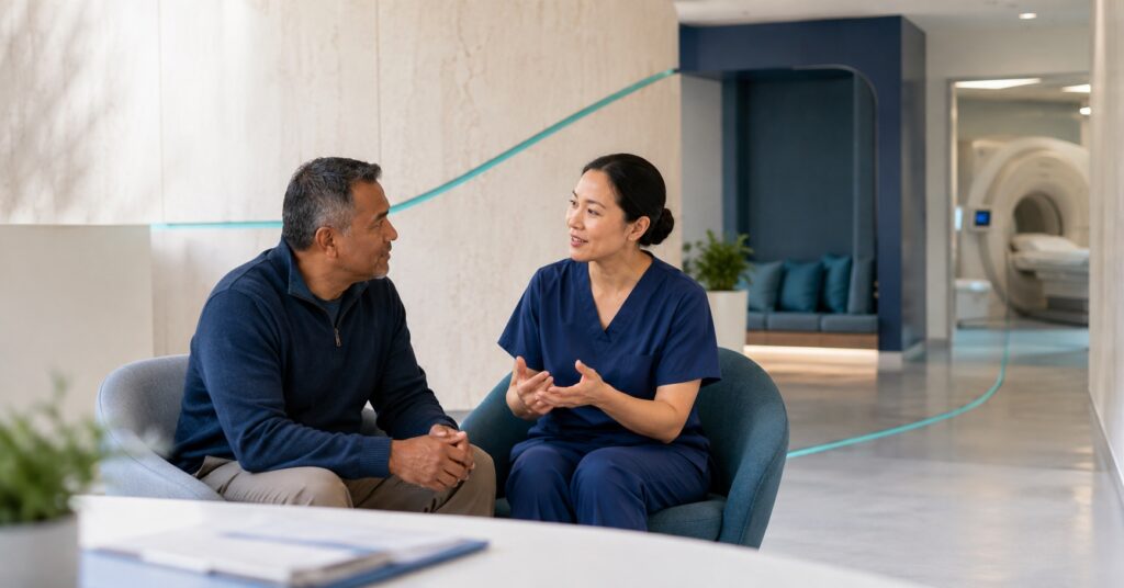 A connected clinical care pathway shown through calm, human-centred imaging and oncology moments.