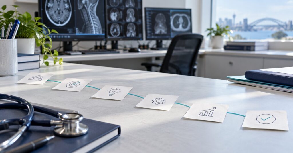Six small paper notes connected by a turquoise line across a radiology reading-room desk, each carrying a simple line icon for people, target, idea, process, measurement and completion, with diagnostic monitors and a harbour view behind.