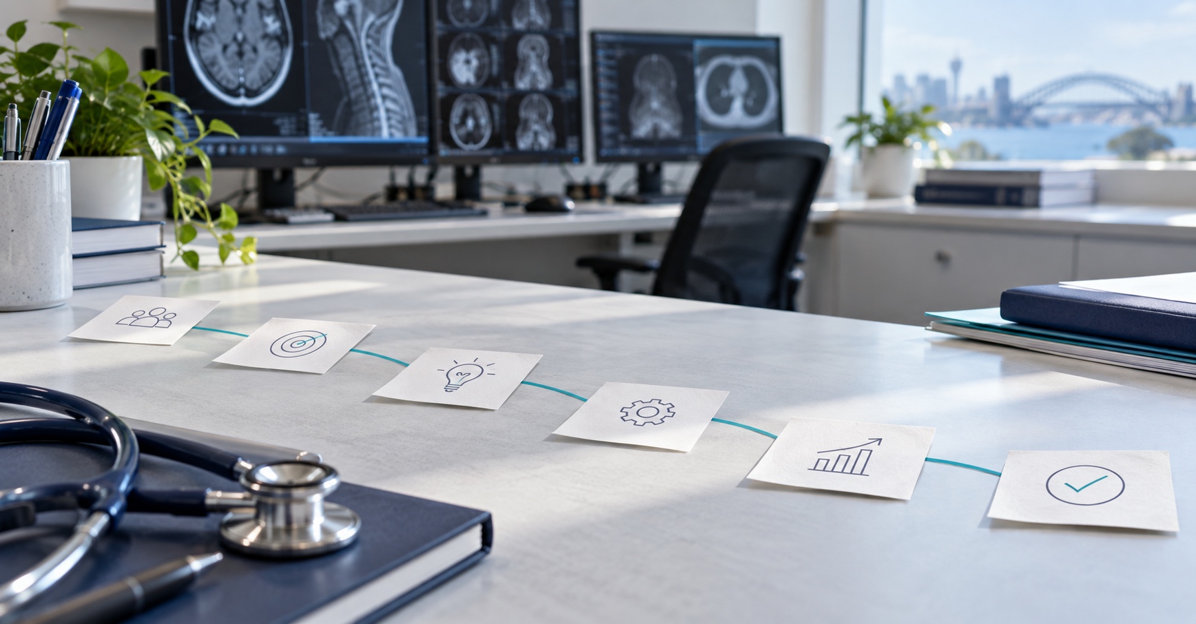 GCG October 2026 — oct-blog-featured Six small paper notes connected by a turquoise line across a radiology reading-room desk, each carrying a simple line icon for people, target, idea, process, measurement and completion, with diagnostic monitors and a harbour view behind.